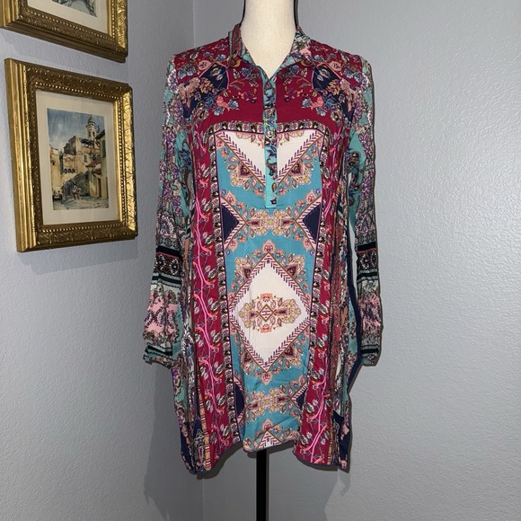 Johnny Was Tops - Johnny Was Floral Blouse Meco Scarf Print Tunic Handkerchief Hem Size S Boho NWT